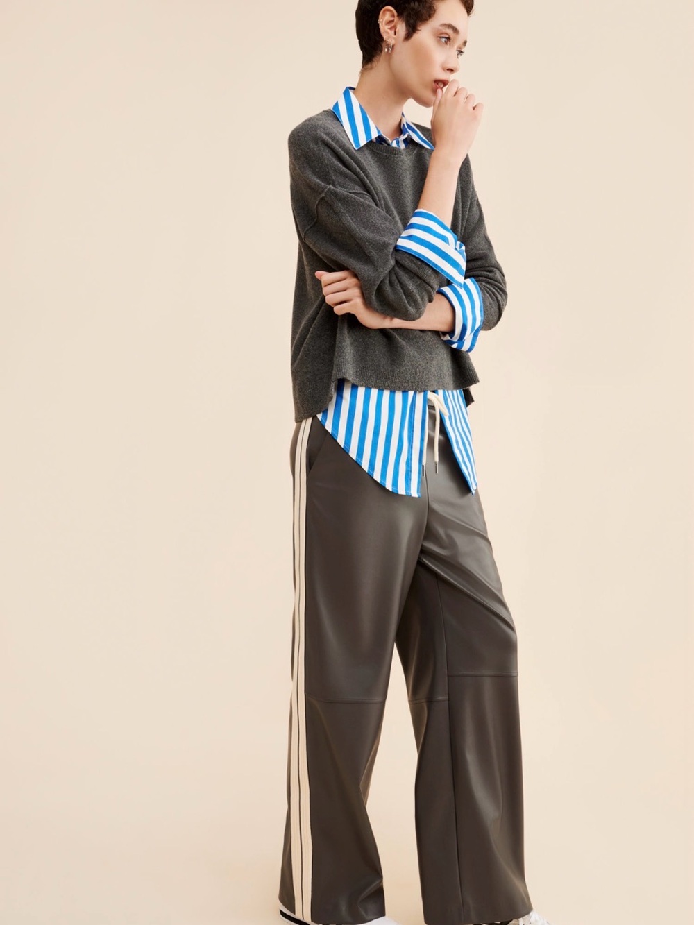Vegan Leather Pull On Pants with track stripes size Small NWOT